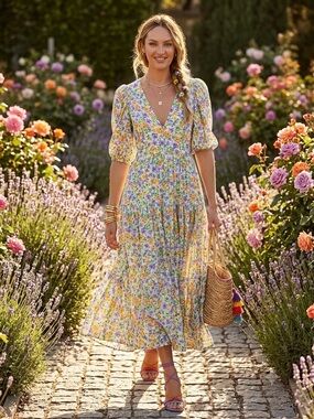 NICHOLAS 100% Linen Floral Cutout Back Midi Dress Size XS Puff Sleeve V-Neck